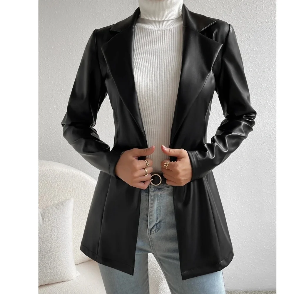 Luxe Burgundy Vegan Leather Button Blazer Jacket Coat - Picture 3 of 9